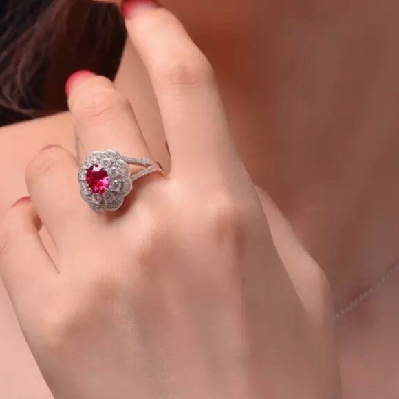 Lab Created Ruby Engagement Ring - Ruby Diamond Cocktail Ring - Picture 6 of 6